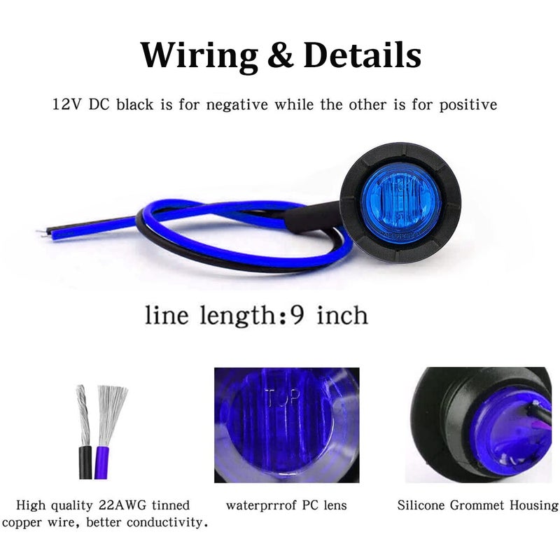 FXC 10x 3/4" Round LED Clearence Light Front Rear Side Marker Indicators Light for Truck Car Bus Trailer Van Caravan Boat, Taillight Brake Stop Lamp (Blue, 12V) - Image 4